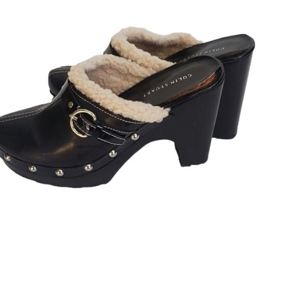 Colin Stuart Mule Clog Black Leather Faux Fur Buckle Studs Size 8 - Picture 2 of 9